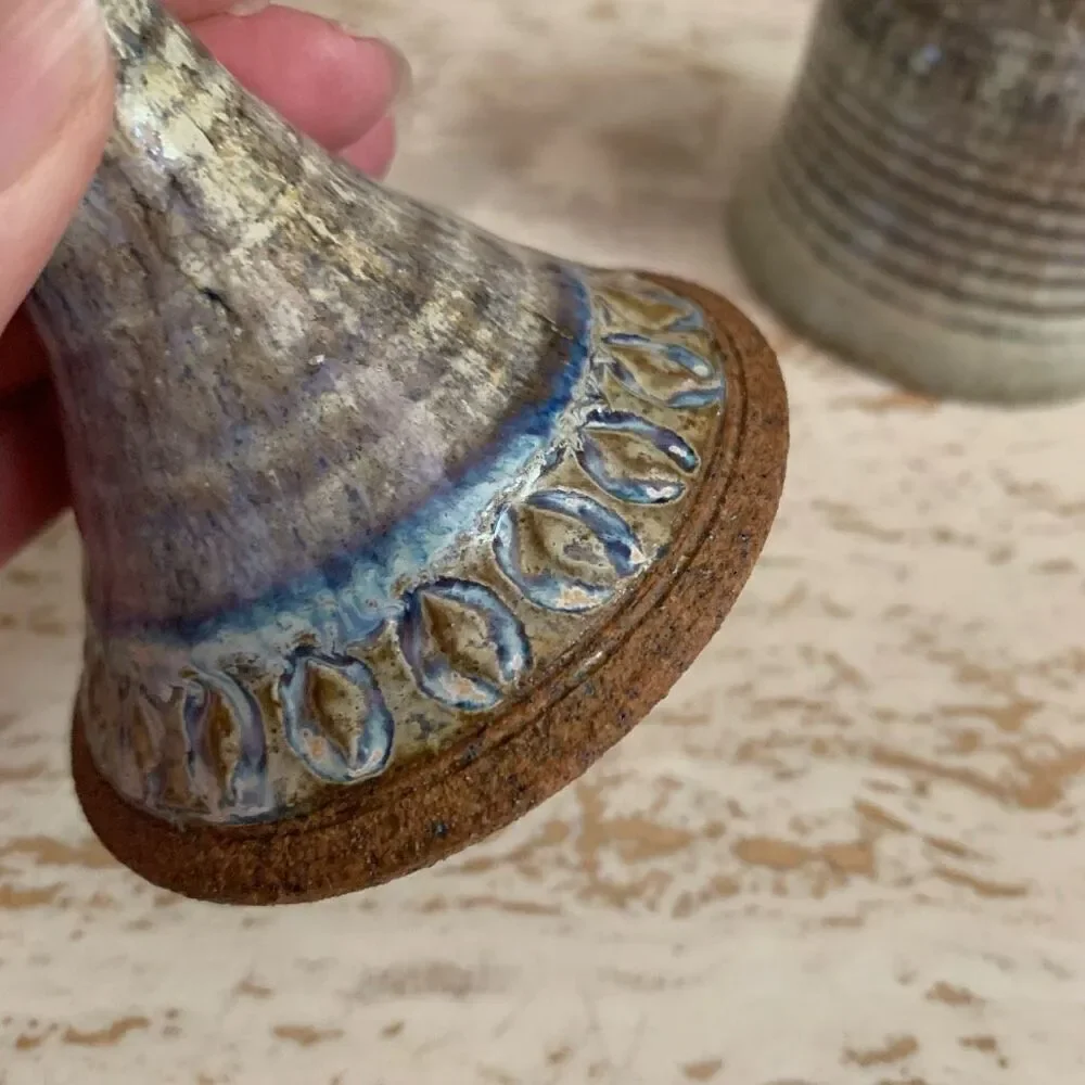 Set of two pottery goblets with purple & blue  drippy glaze.